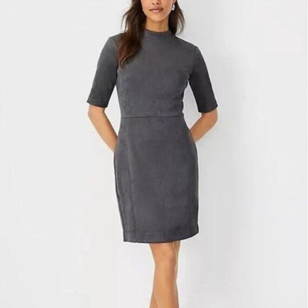 NWT Ann Taylor Dress Sz 8 Gray Faux Suede Mock Neck Short Sleeve Sheath MP $159
